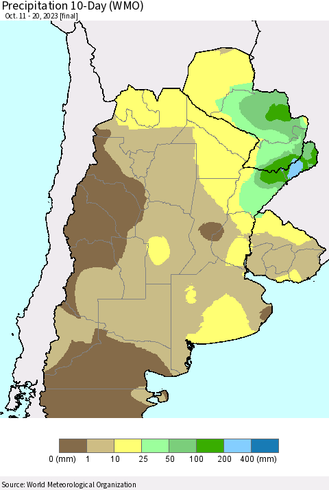 Southern South America Precipitation 10-Day (WMO) Thematic Map For 10/11/2023 - 10/20/2023