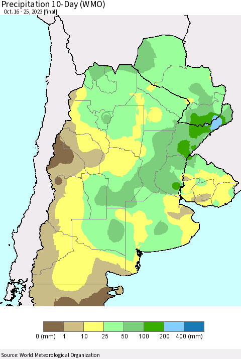 Southern South America Precipitation 10-Day (WMO) Thematic Map For 10/16/2023 - 10/25/2023