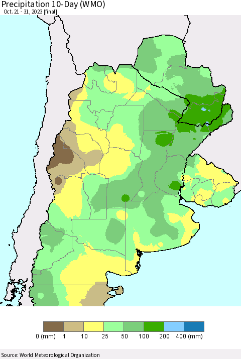 Southern South America Precipitation 10-Day (WMO) Thematic Map For 10/21/2023 - 10/31/2023