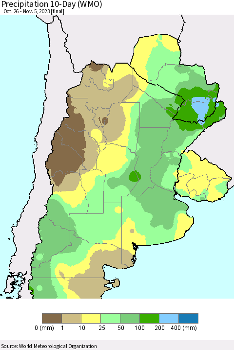 Southern South America Precipitation 10-Day (WMO) Thematic Map For 10/26/2023 - 11/5/2023