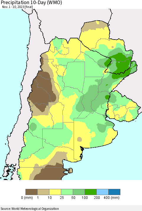 Southern South America Precipitation 10-Day (WMO) Thematic Map For 11/1/2023 - 11/10/2023