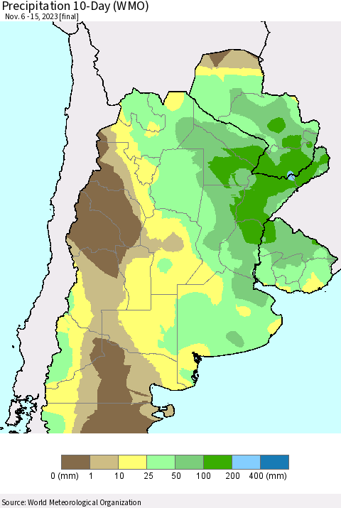 Southern South America Precipitation 10-Day (WMO) Thematic Map For 11/6/2023 - 11/15/2023