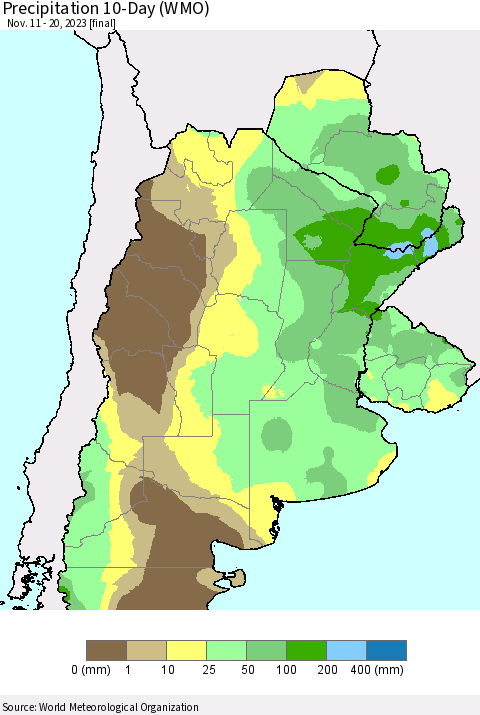 Southern South America Precipitation 10-Day (WMO) Thematic Map For 11/11/2023 - 11/20/2023