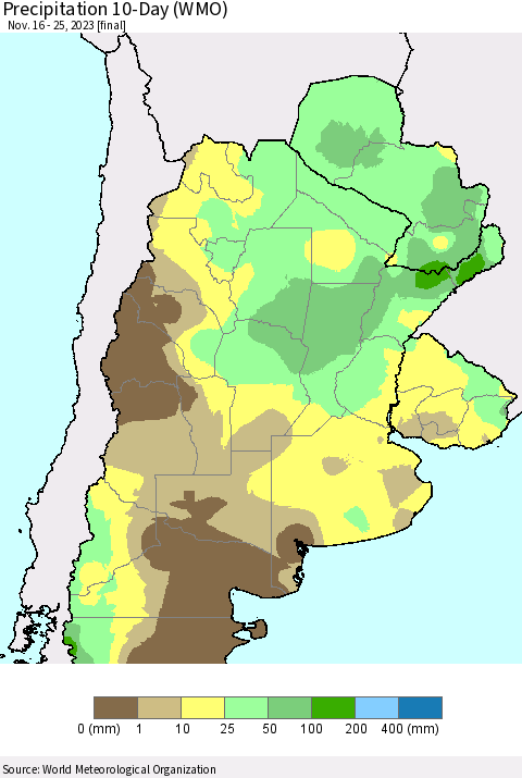 Southern South America Precipitation 10-Day (WMO) Thematic Map For 11/16/2023 - 11/25/2023