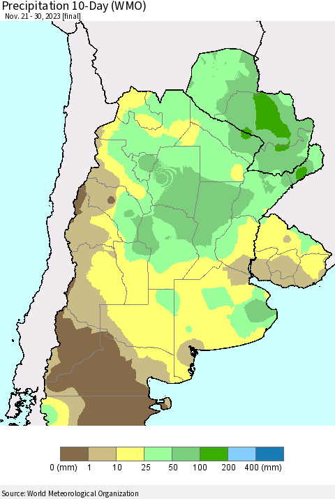 Southern South America Precipitation 10-Day (WMO) Thematic Map For 11/21/2023 - 11/30/2023