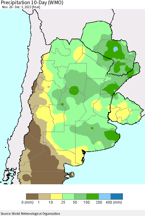 Southern South America Precipitation 10-Day (WMO) Thematic Map For 11/26/2023 - 12/5/2023