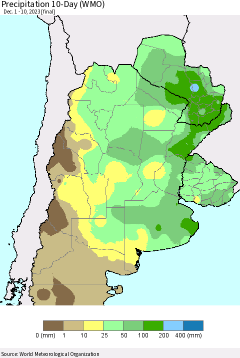 Southern South America Precipitation 10-Day (WMO) Thematic Map For 12/1/2023 - 12/10/2023
