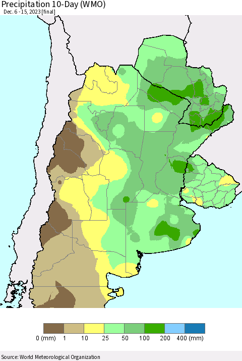 Southern South America Precipitation 10-Day (WMO) Thematic Map For 12/6/2023 - 12/15/2023