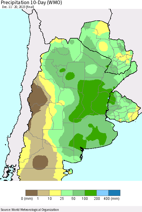 Southern South America Precipitation 10-Day (WMO) Thematic Map For 12/11/2023 - 12/20/2023