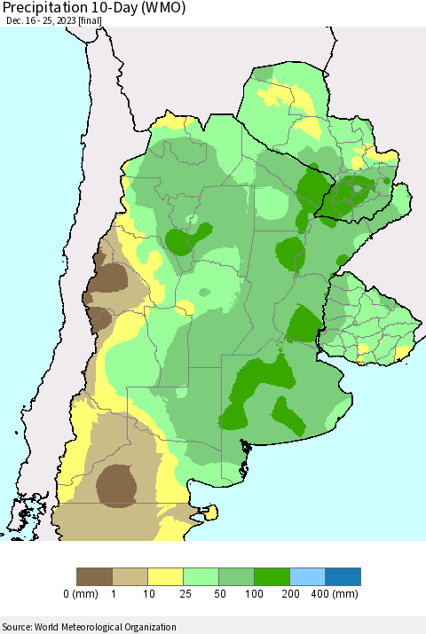 Southern South America Precipitation 10-Day (WMO) Thematic Map For 12/16/2023 - 12/25/2023