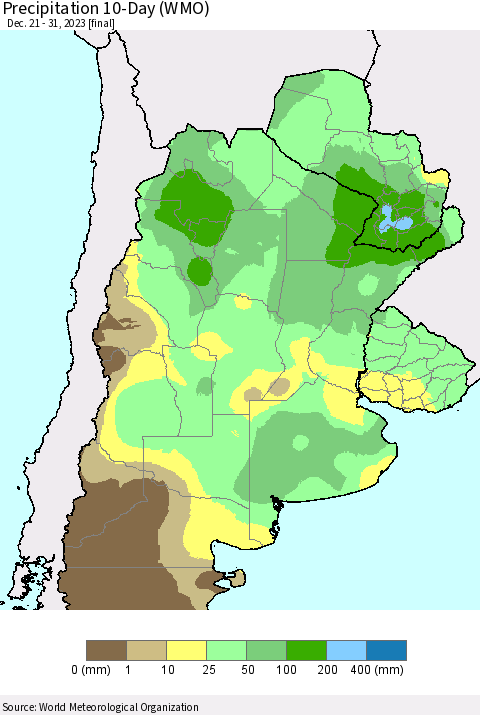 Southern South America Precipitation 10-Day (WMO) Thematic Map For 12/21/2023 - 12/31/2023