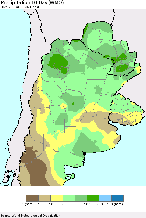 Southern South America Precipitation 10-Day (WMO) Thematic Map For 12/26/2023 - 1/5/2024