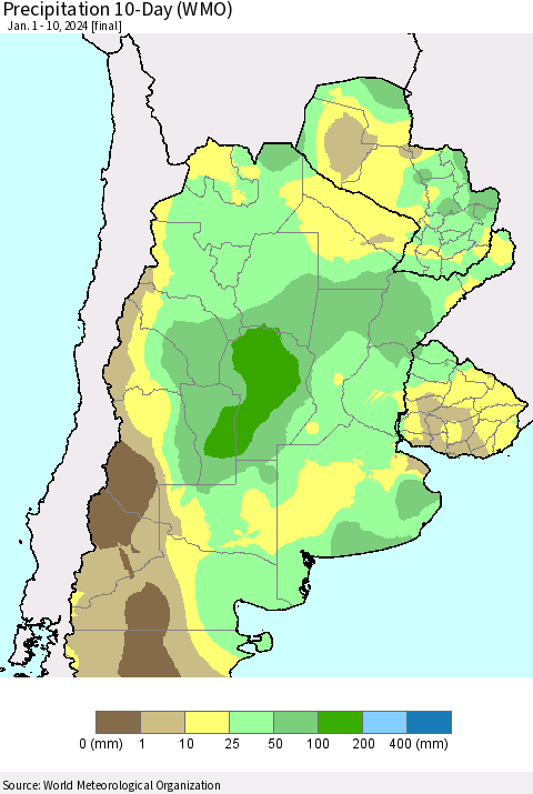 Southern South America Precipitation 10-Day (WMO) Thematic Map For 1/1/2024 - 1/10/2024