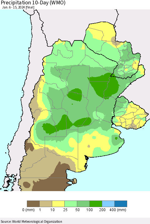 Southern South America Precipitation 10-Day (WMO) Thematic Map For 1/6/2024 - 1/15/2024