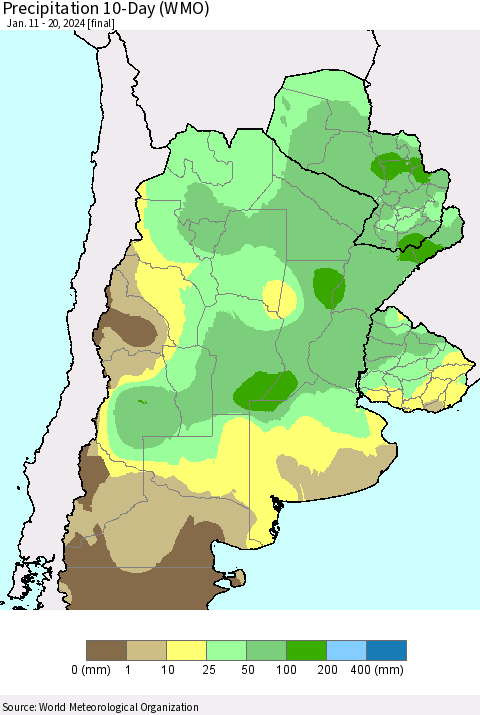 Southern South America Precipitation 10-Day (WMO) Thematic Map For 1/11/2024 - 1/20/2024
