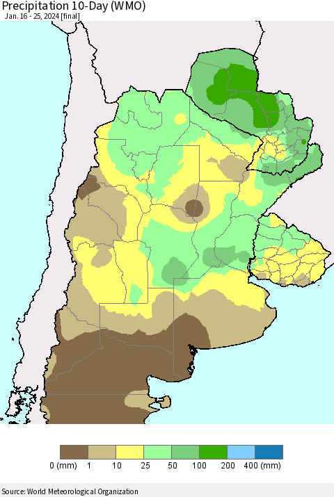 Southern South America Precipitation 10-Day (WMO) Thematic Map For 1/16/2024 - 1/25/2024