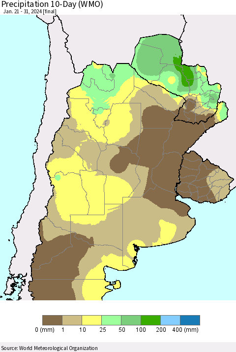 Southern South America Precipitation 10-Day (WMO) Thematic Map For 1/21/2024 - 1/31/2024