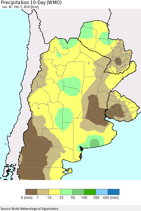 Southern South America Precipitation 10-Day (WMO) Thematic Map For 1/26/2024 - 2/5/2024