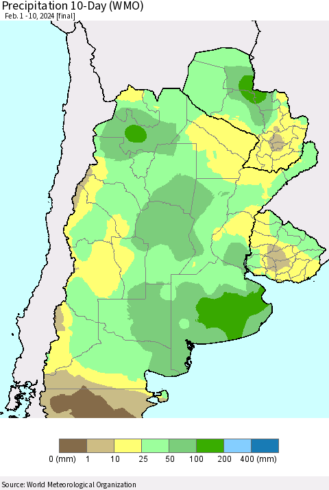 Southern South America Precipitation 10-Day (WMO) Thematic Map For 2/1/2024 - 2/10/2024