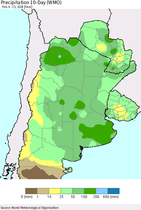 Southern South America Precipitation 10-Day (WMO) Thematic Map For 2/6/2024 - 2/15/2024