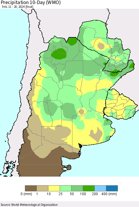 Southern South America Precipitation 10-Day (WMO) Thematic Map For 2/11/2024 - 2/20/2024