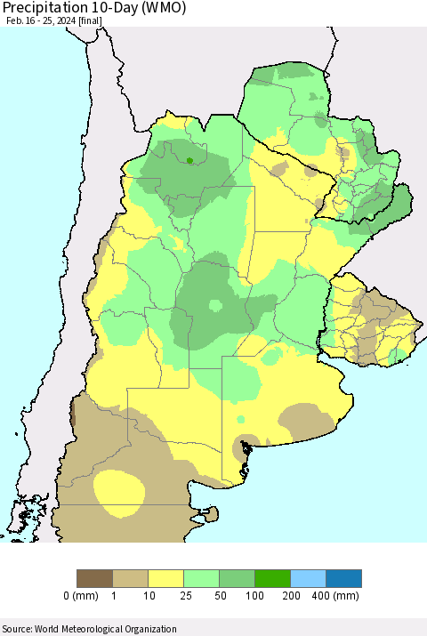 Southern South America Precipitation 10-Day (WMO) Thematic Map For 2/16/2024 - 2/25/2024