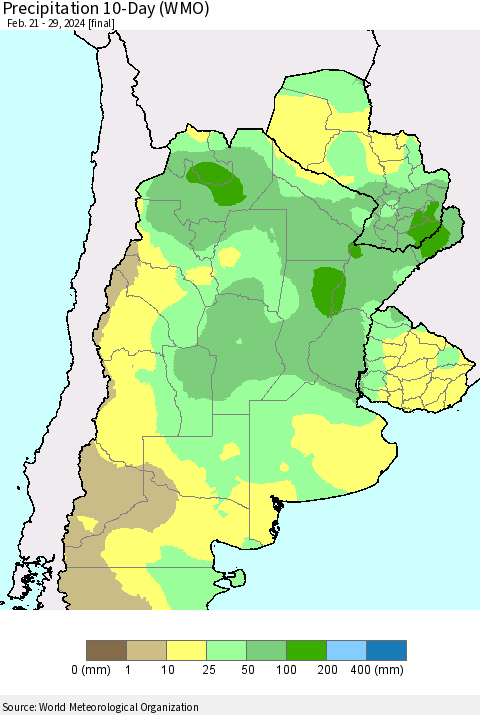 Southern South America Precipitation 10-Day (WMO) Thematic Map For 2/21/2024 - 2/29/2024