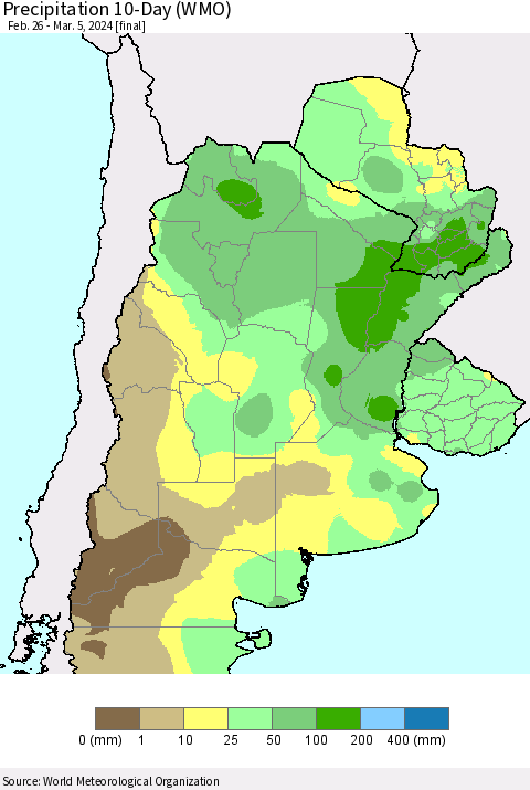 Southern South America Precipitation 10-Day (WMO) Thematic Map For 2/26/2024 - 3/5/2024