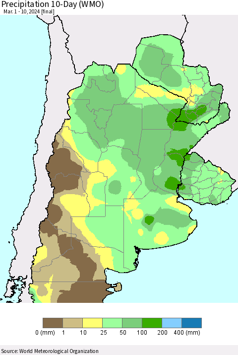 Southern South America Precipitation 10-Day (WMO) Thematic Map For 3/1/2024 - 3/10/2024
