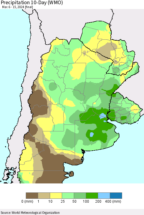 Southern South America Precipitation 10-Day (WMO) Thematic Map For 3/6/2024 - 3/15/2024