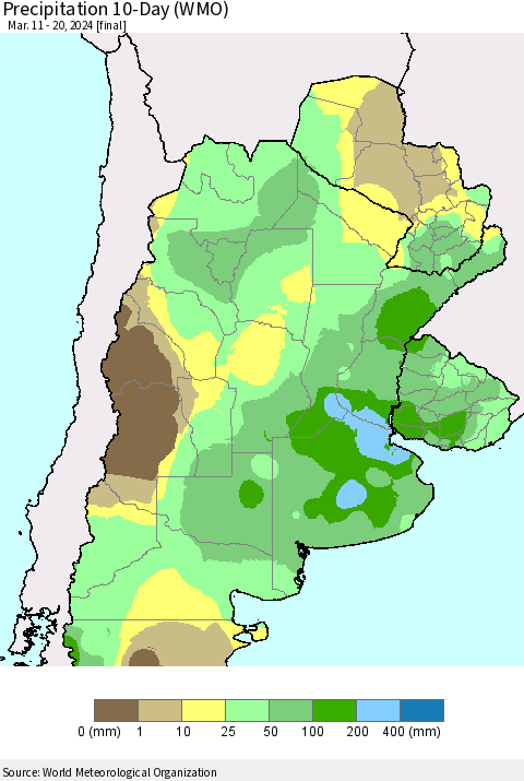 Southern South America Precipitation 10-Day (WMO) Thematic Map For 3/11/2024 - 3/20/2024