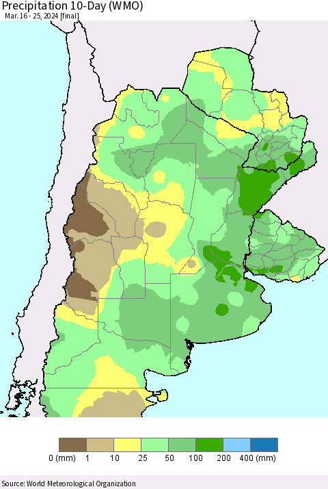 Southern South America Precipitation 10-Day (WMO) Thematic Map For 3/16/2024 - 3/25/2024