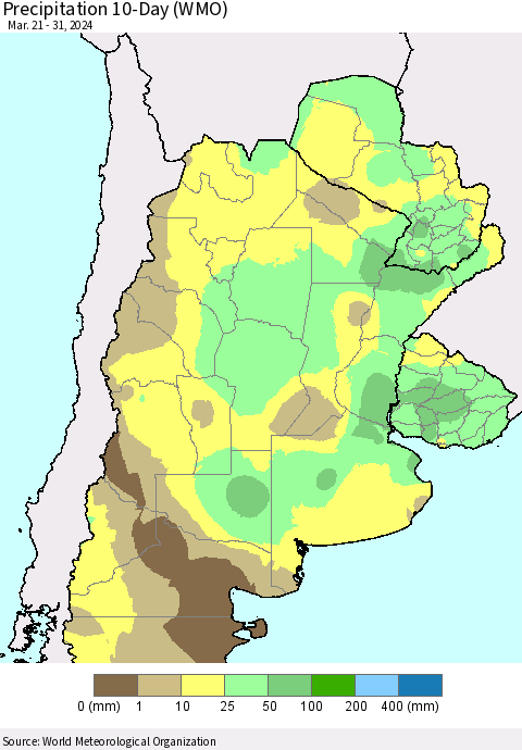 Southern South America Precipitation 10-Day (WMO) Thematic Map For 3/21/2024 - 3/31/2024