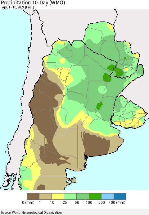 Southern South America Precipitation 10-Day (WMO) Thematic Map For 4/1/2024 - 4/10/2024