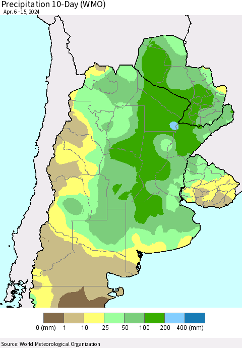 Southern South America Precipitation 10-Day (WMO) Thematic Map For 4/6/2024 - 4/15/2024