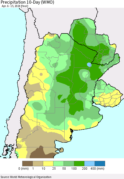 Southern South America Precipitation 10-Day (WMO) Thematic Map For 4/6/2024 - 4/15/2024