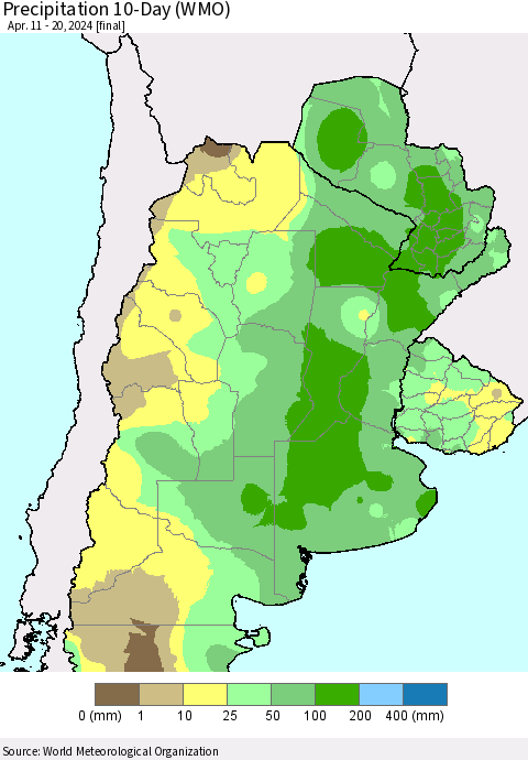Southern South America Precipitation 10-Day (WMO) Thematic Map For 4/11/2024 - 4/20/2024