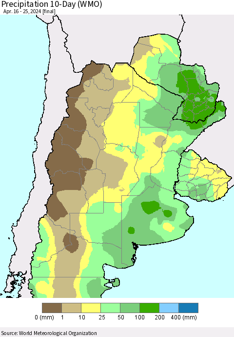 Southern South America Precipitation 10-Day (WMO) Thematic Map For 4/16/2024 - 4/25/2024