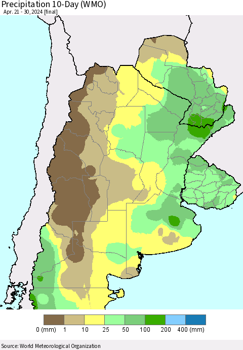 Southern South America Precipitation 10-Day (WMO) Thematic Map For 4/21/2024 - 4/30/2024