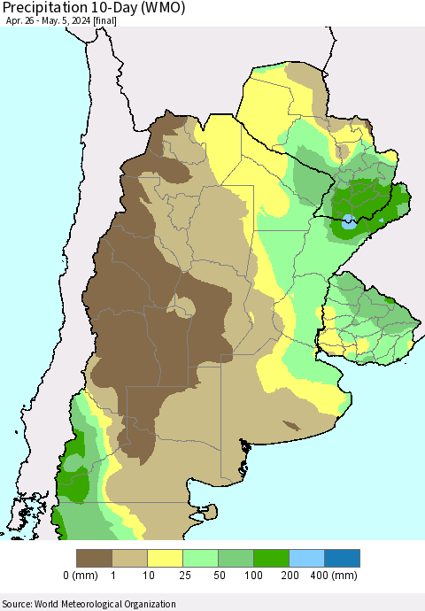 Southern South America Precipitation 10-Day (WMO) Thematic Map For 4/26/2024 - 5/5/2024