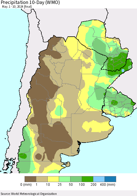 Southern South America Precipitation 10-Day (WMO) Thematic Map For 5/1/2024 - 5/10/2024