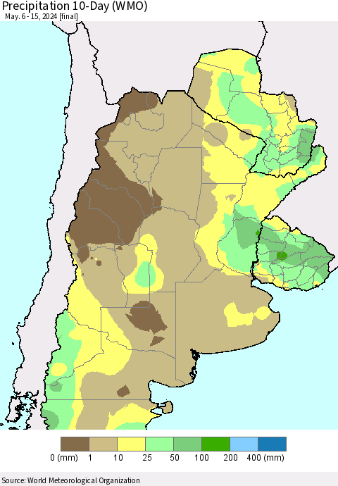Southern South America Precipitation 10-Day (WMO) Thematic Map For 5/6/2024 - 5/15/2024