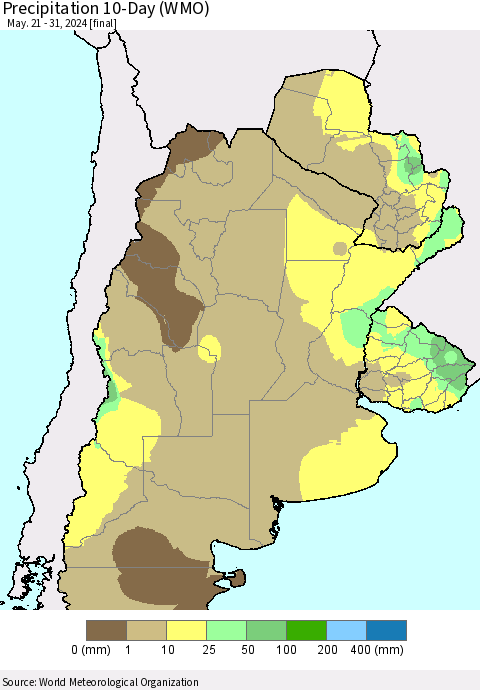 Southern South America Precipitation 10-Day (WMO) Thematic Map For 5/21/2024 - 5/31/2024