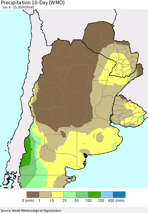 Southern South America Precipitation 10-Day (WMO) Thematic Map For 6/6/2024 - 6/15/2024