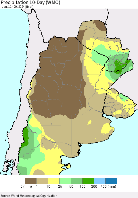 Southern South America Precipitation 10-Day (WMO) Thematic Map For 6/11/2024 - 6/20/2024