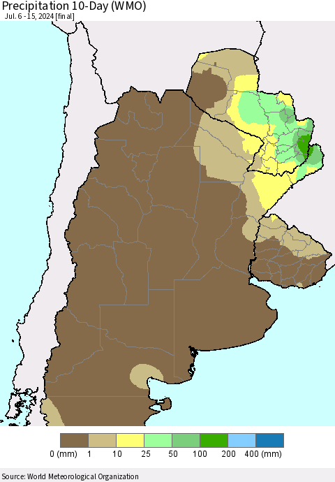 Southern South America Precipitation 10-Day (WMO) Thematic Map For 7/6/2024 - 7/15/2024