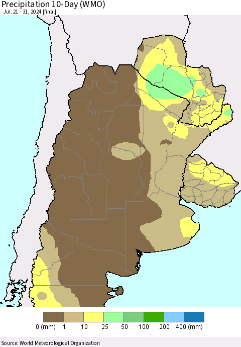 Southern South America Precipitation 10-Day (WMO) Thematic Map For 7/21/2024 - 7/31/2024