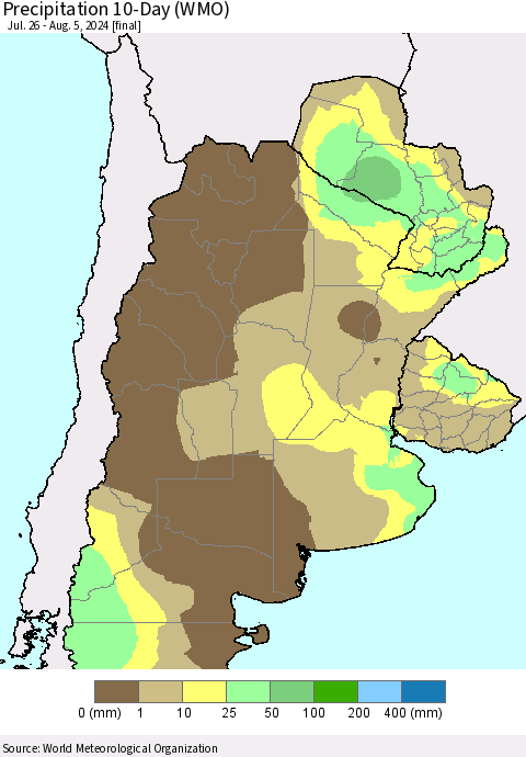 Southern South America Precipitation 10-Day (WMO) Thematic Map For 7/26/2024 - 8/5/2024