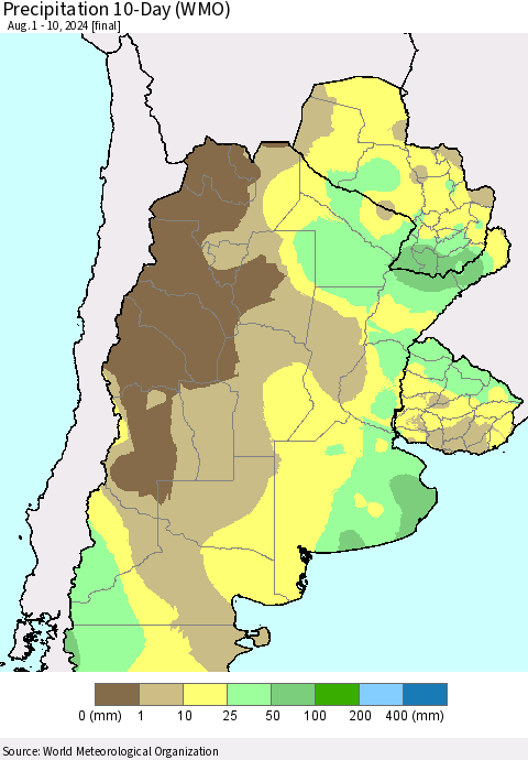Southern South America Precipitation 10-Day (WMO) Thematic Map For 8/1/2024 - 8/10/2024