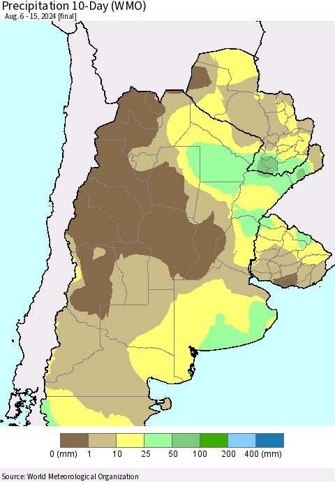 Southern South America Precipitation 10-Day (WMO) Thematic Map For 8/6/2024 - 8/15/2024